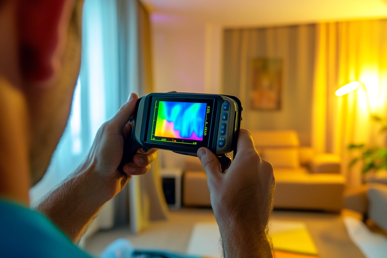 Infrared thermal camera scanning a wall during a home inspection