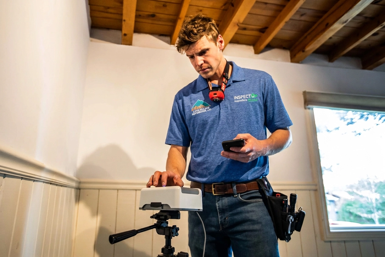 Radon testing device placed during a home inspection