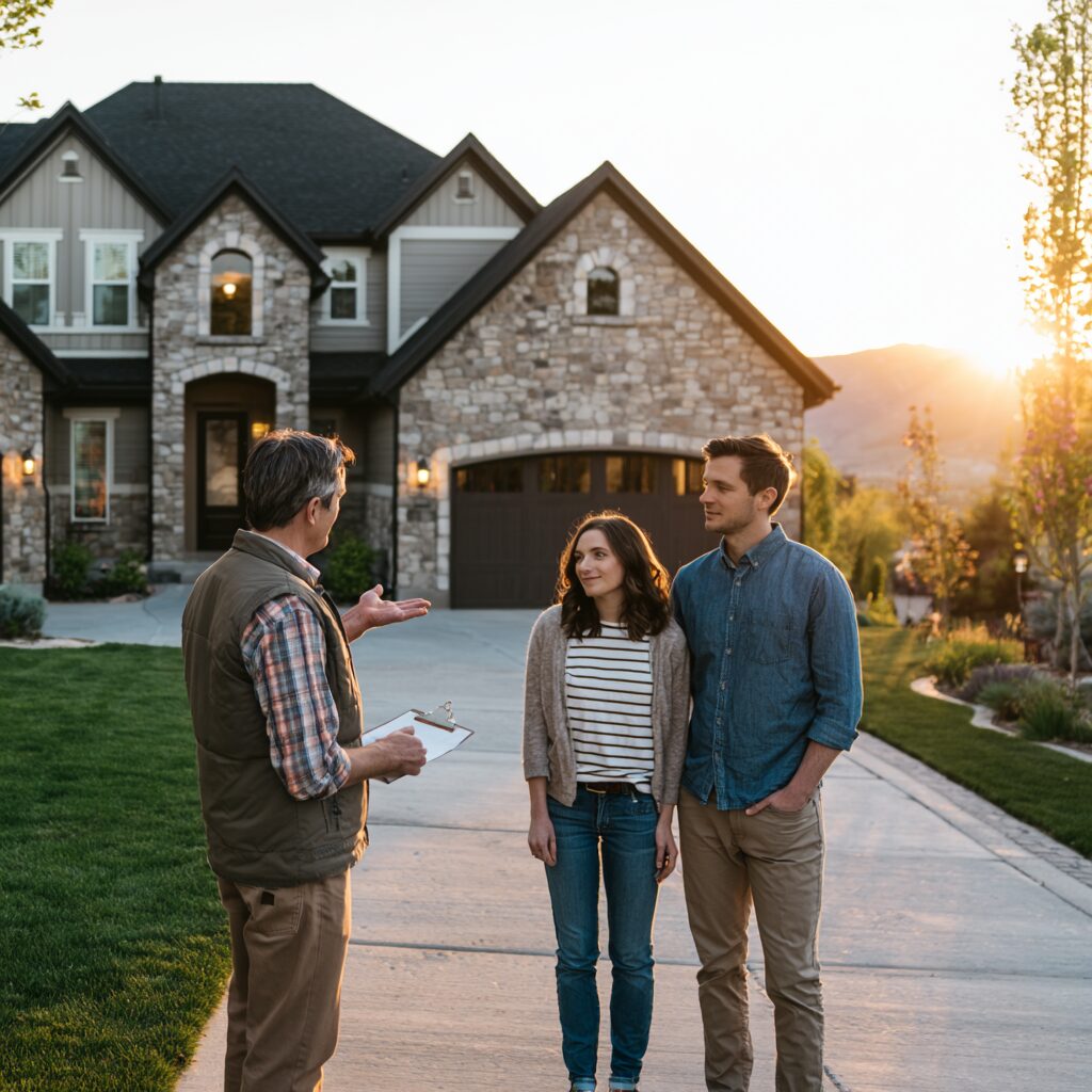 InspectUP home inspector reviewing a Mapleton, Utah home with the buyers