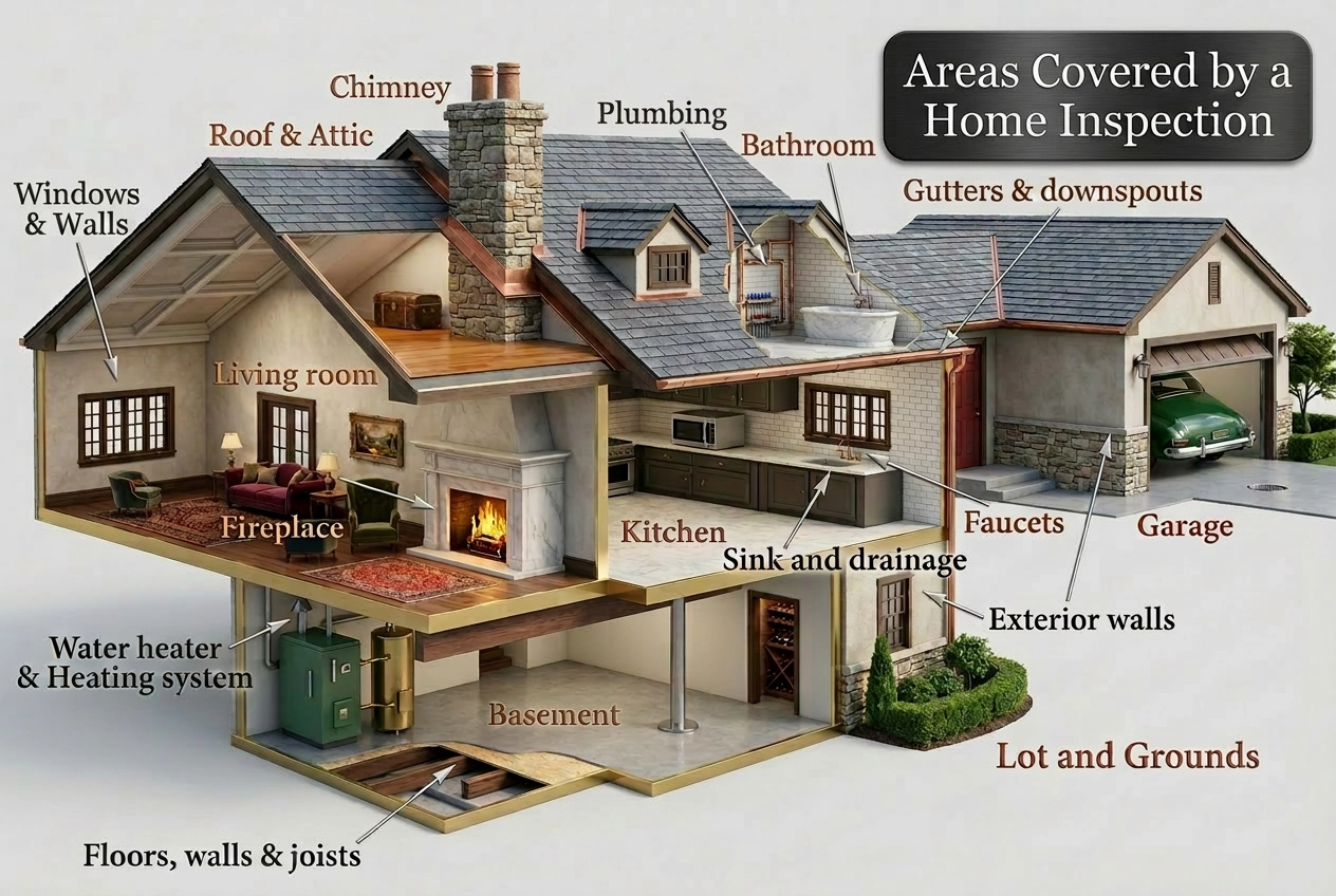 Diagram of home inspection points across a house