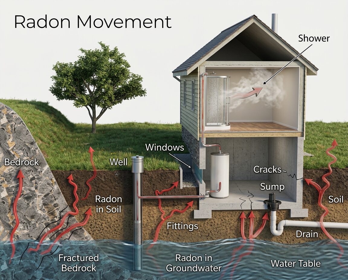 Diagram showing how radon gas enters a home from the soil