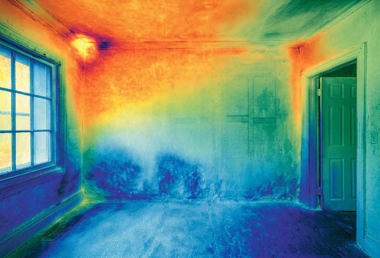 Infrared thermal image of a room interior showing warm zones on the ceiling and cool zones across the floor