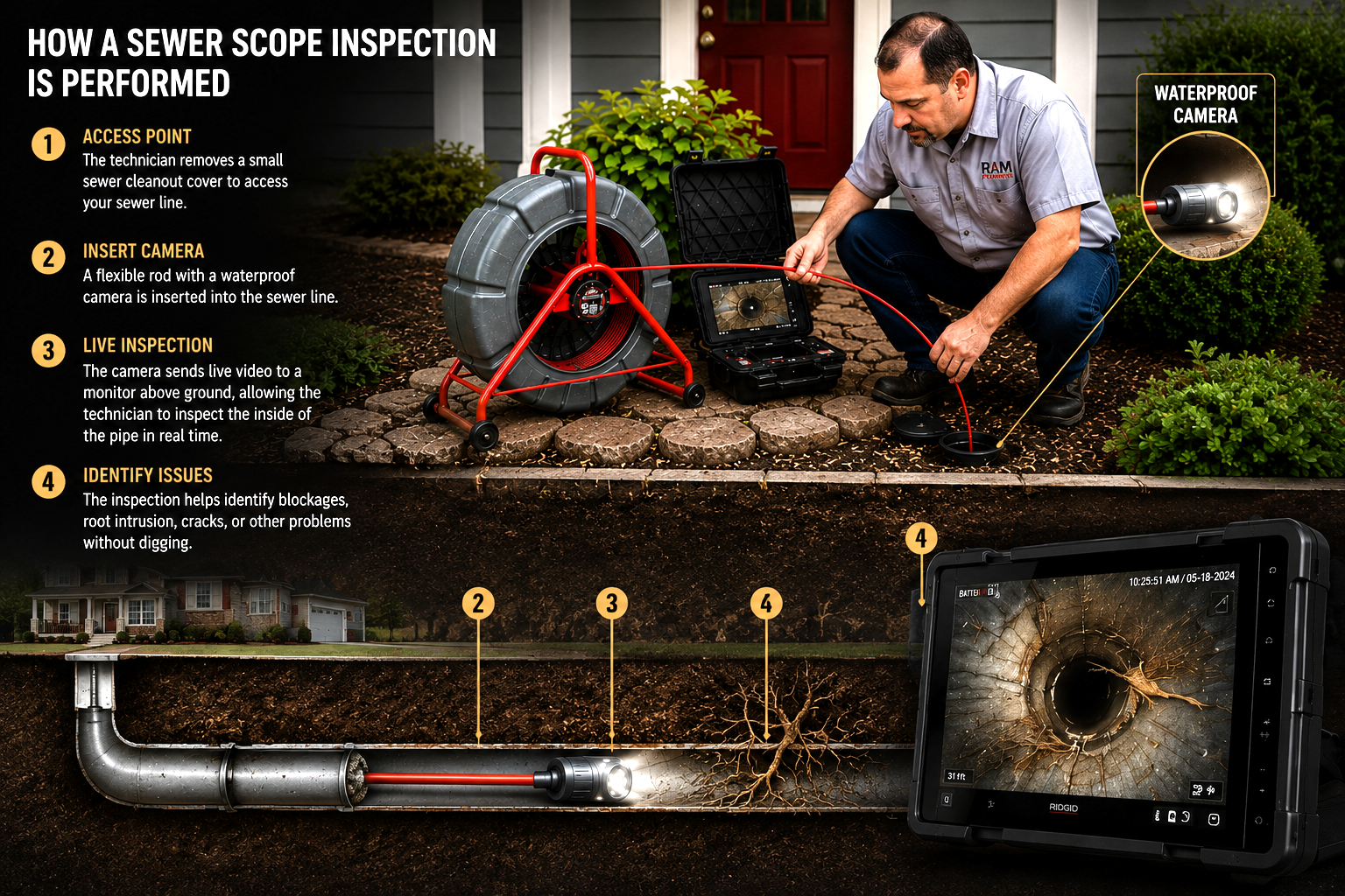 Sewer scope inspection points across a home